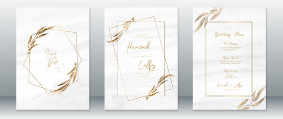 Wedding invitation card template luxury of gold design with white marble texture background