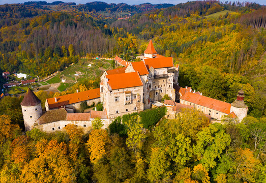 Medieval castle of Pernstein on a hill in the forest. South Moravian region. Czech Republic