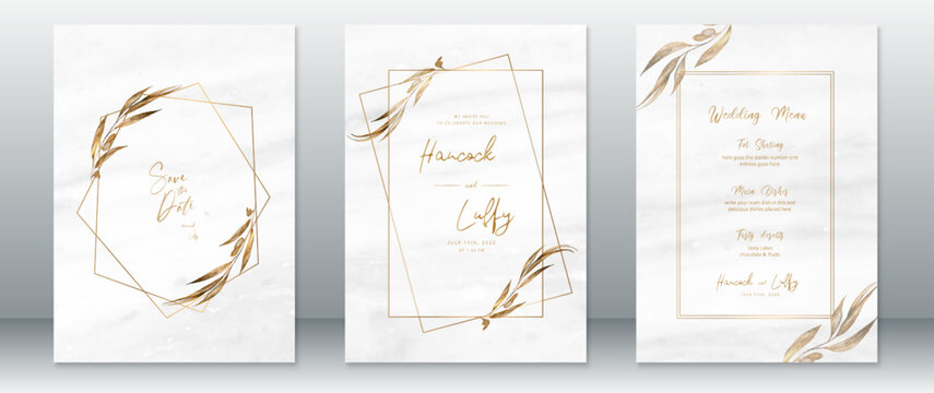 Wedding invitation card template luxury of gold design with white marble texture background