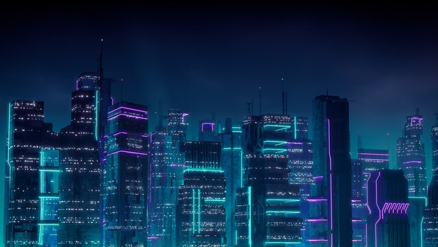 Sci-fi Metropolis with Purple and Cyan Neon lights. Night scene with Advanced Superstructures.