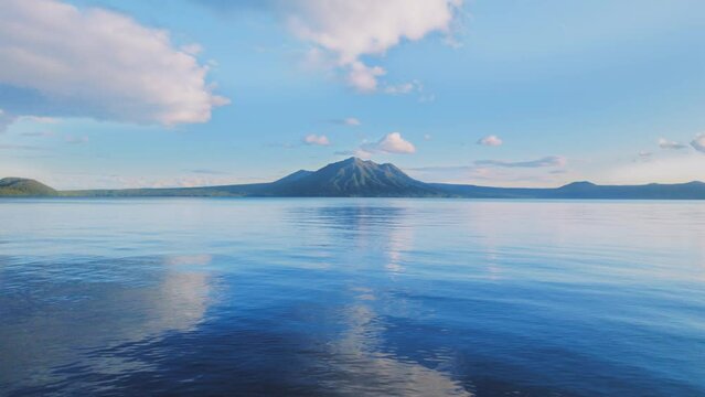 支笏湖の美しい湖面と風不死岳の風景　ドローン撮影