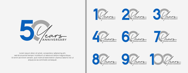 set of anniversary logo blue and gray color on white background for celebration moment - obrazy, fototapety, plakaty