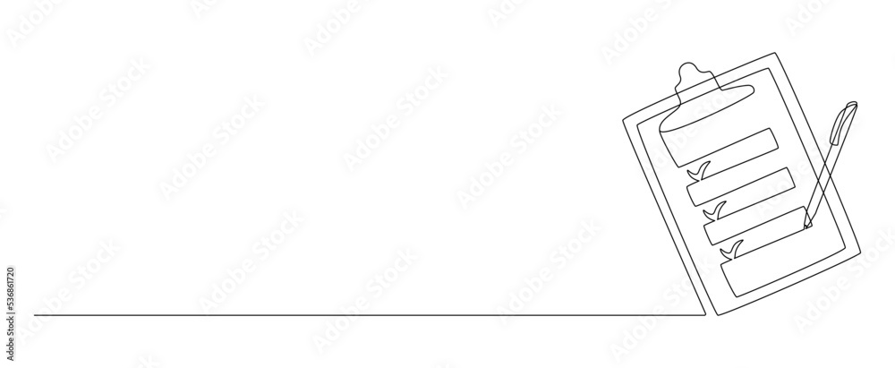 Wall mural one continuous line drawing of clipboard with checklist and pen. to do list with ticks and concept f