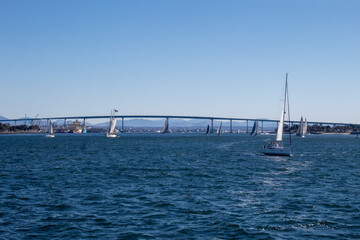 View of the iconic Coronado Bay Bridge and water activity around it.