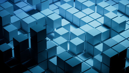 Blue, Glossy Cubes Precisely Constructed to create a Innovative Tech Background. 3D Render.