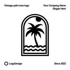 Vintage simple palm tree logo design with wave and sun vector