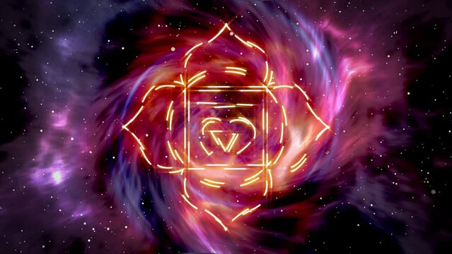 Root chakra symbol on abstract galaxy background