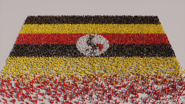Aerial view of a Crowd of People, congregating to form the Flag of Uganda. Ugandan Banner on White Background.