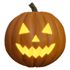 3d rendering of lit halloween pumpkin with scary face, with transparent background, jack-o'-lantern, halloween.