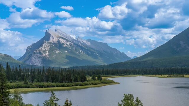 4K time-lapse UHD video of Vermilion Lakes with Mount Rundle and Sulphur Mountain in the background, Alberta, Canada. summer autumn foliage scenery in Banff National Park, Canadian Rockies