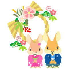 かわいい和服のうさぎとリース型のしめ飾り