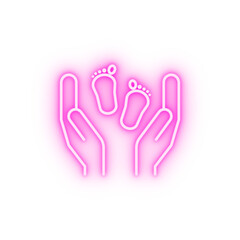 Mother hands baby feet neon icon