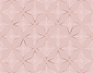 Abstract geometric seamless pattern with gold decorative star tiles.