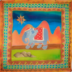 Ilustración de elefante con marco decorativo con motivos geométricos, pintado a mano en pañuelo de seda, © naturseda