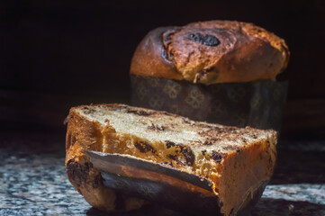 Panettone with chocolate on a table christmas concept with copy space Chocottone christmas