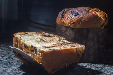 Panettone with chocolate on a table christmas concept with copy space Chocottone christmas