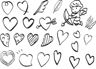 Illustration of various hearts and cupids in pen drawing. ( black and white )
