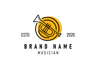 Trumpet logo design, generate melody, musical jazz instrument vector sketch illustration
