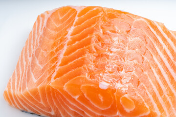 Close up view fresh Salmon fish fillet, Natural Atlantic Norwegian Salmon Fillet Texture.