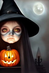 Portrait of a young witch with a pointy hat in surreal and fantasy surrounding. Spooky and eerie. Digital painting with custom trained AI models. Model release with reference image included.