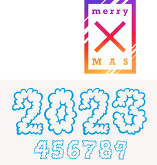 2023 cloud numbers. Merry Christmas and happy New Year 2023 background. Christmas greeting card template. Vector illustration.