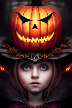 Portrait of a young Halloween witch with a pointy hat in surreal and fantasy surrounding. Spooky and eerie. Digital painting with custom trained AI models. Model release with reference image included.