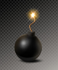 3d realistic vector icon. Black round bomb with  burning fuse, isolated on transparent background.
