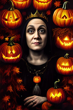 Evil witch surrounded with jack o lanterns. Horror Halloween fantasy. Custom trained AI models. Model release with reference image included.