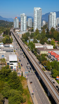 Aerial view of Coquitlam skyline and residential apartment buildings. Taken in Greater Vancouver British Columbia Canada