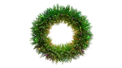Christmas wreath with light on transparent background. Christmas wreath of pine branches with glowing lights 3d rendering. PNG file
