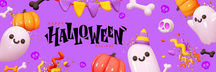Halloween background creative design. Abstract horizontal banner Halloween day. Realistic 3d cartoon style. Festive themed header for website. Holiday poster in purple colors. vector illustration