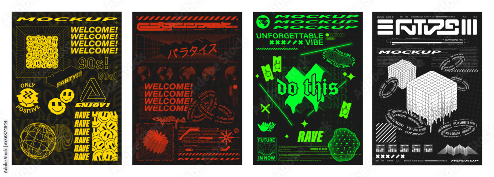 Poster template posters - trendy, digital, futuristic, rave. poster themes for different occasions in a ret
