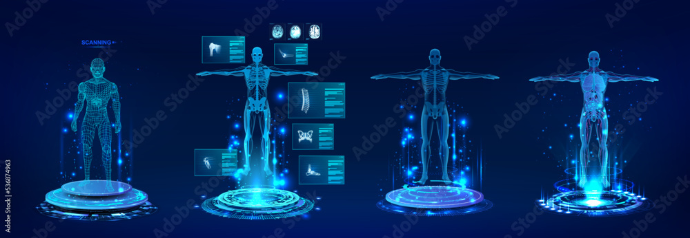 Poster Healthcare 3D human body hologram with with full body scan, bones, organs, joints, brain in futuristic HUD style. Body x-ray scan with 3D models human in HUD style. Futuristic lab with UI. Vector xray