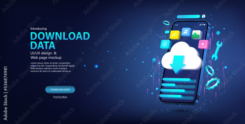 Poster Downloading data via phone from a cloud service. Server for sharing files and uploading data. 3D blue smartphone with download lines and icons. Cloud storage in smartphone. 3D mobile app. Vector	
