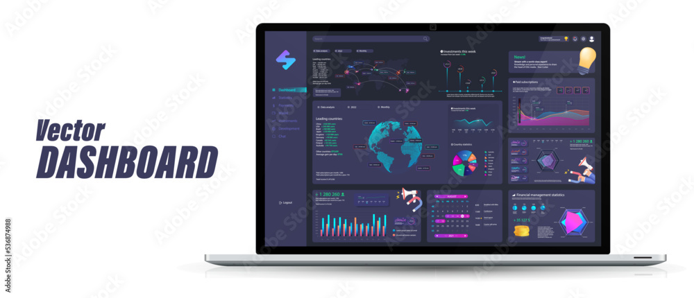 Aufkleber Laptop with dashboard mockup. Admin panel with graphic, charts, infographic, 3D elements and UI, UX, KIT. Blue dashboard with Business analytic and data online. 3D vector template admin panel	
