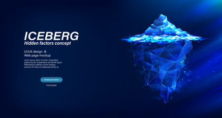 Polygonal 3D iceberg in futuristic style with effect glow and shine. The concept of hidden factors, aspects, analytics. 3D iceberg in polygonal and low poly style. Hidden danger. Vector illustration	

