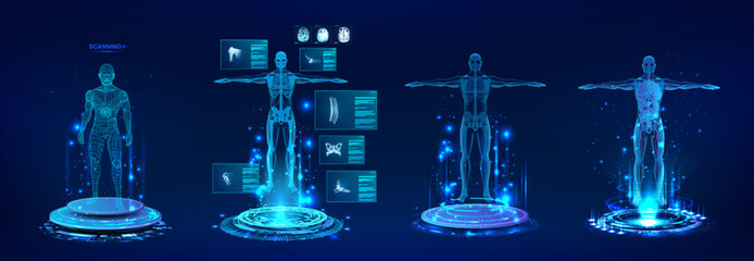 Healthcare 3D human body hologram with with full body scan, bones, organs, joints, brain in futuristic HUD style. Body x-ray scan with 3D models human in HUD style. Futuristic lab with UI. Vector xray