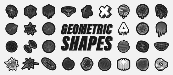 Shapes, spheres, cubes in other geometric elements in stickers. Universal geometric shapes in 3D wireframes.90s-80s retro futuristic forms style. Cyberpunk, retrowave, vaporwave. 3D vector elements