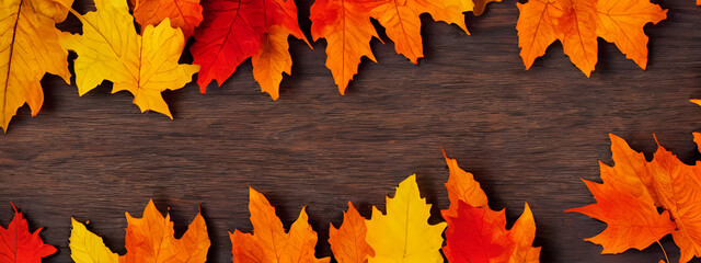 Rustic wood surface with colorful autumn leaves. Generative AI creation.