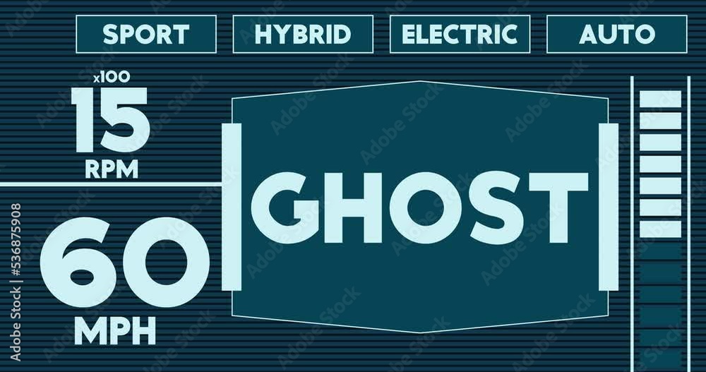 Poster futuristic car dashboard with ghost text. digital graphical user interface animation.