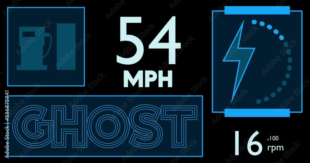 Poster hybrid car dashboard with ghost text. digital graphical user interface animation.