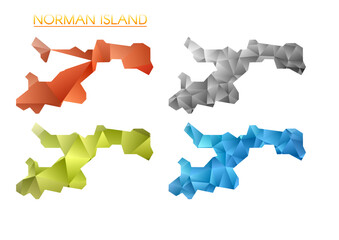 Set of vector polygonal maps of Norman Island. Bright gradient map of island in low poly style. Multicolored Norman Island map in geometric style for your infographics. Attractive vector illustration.
