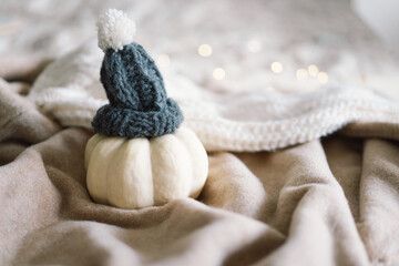 White decorative pumpkin in a decorative knitted hat. Warm background, knitwear, space for text, Autumn winter concept. Copy Space.