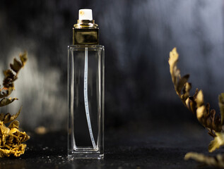 Fototapeta na wymiar Square, transparent, tall perfume bottle on dark and blurry background. Beside the perfume bottle were dried flowers