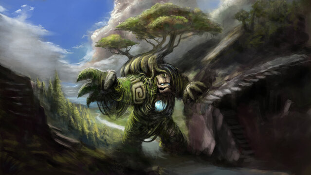 A tree golem travels along a river bed with a huge tree on its back, its body is made of stones, plants and roots. Digital drawing style, 2D illustration