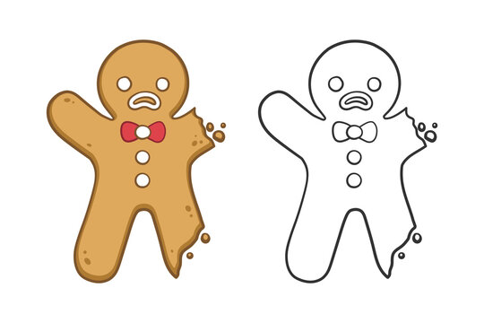Gingerbread man cookie with bite outline and colored doodle cartoon illustration set. Winter Christmas food theme coloring book page activity for kids.