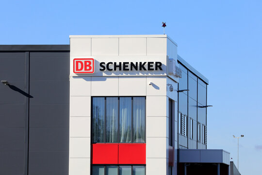 DB Schenker logo on the facade of the company freight terminal in Lieto, Finland, opened 2020. 
