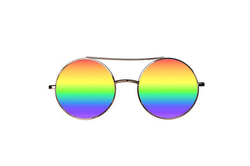 Round shape golden frame eyeglasses with rainbow lenses isolated cutout, symbol of diversity and inclusivity - obrazy, fototapety, plakaty