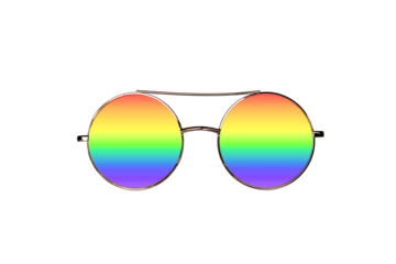 Round shape golden frame eyeglasses with rainbow lenses isolated cutout, symbol of diversity and inclusivity