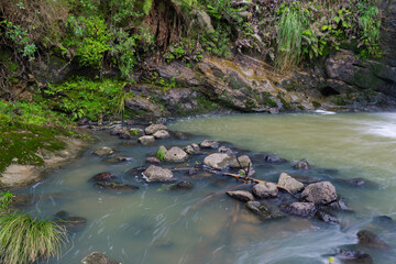 Naklejka na ściany i meble Water flowing between rocks in the creek.